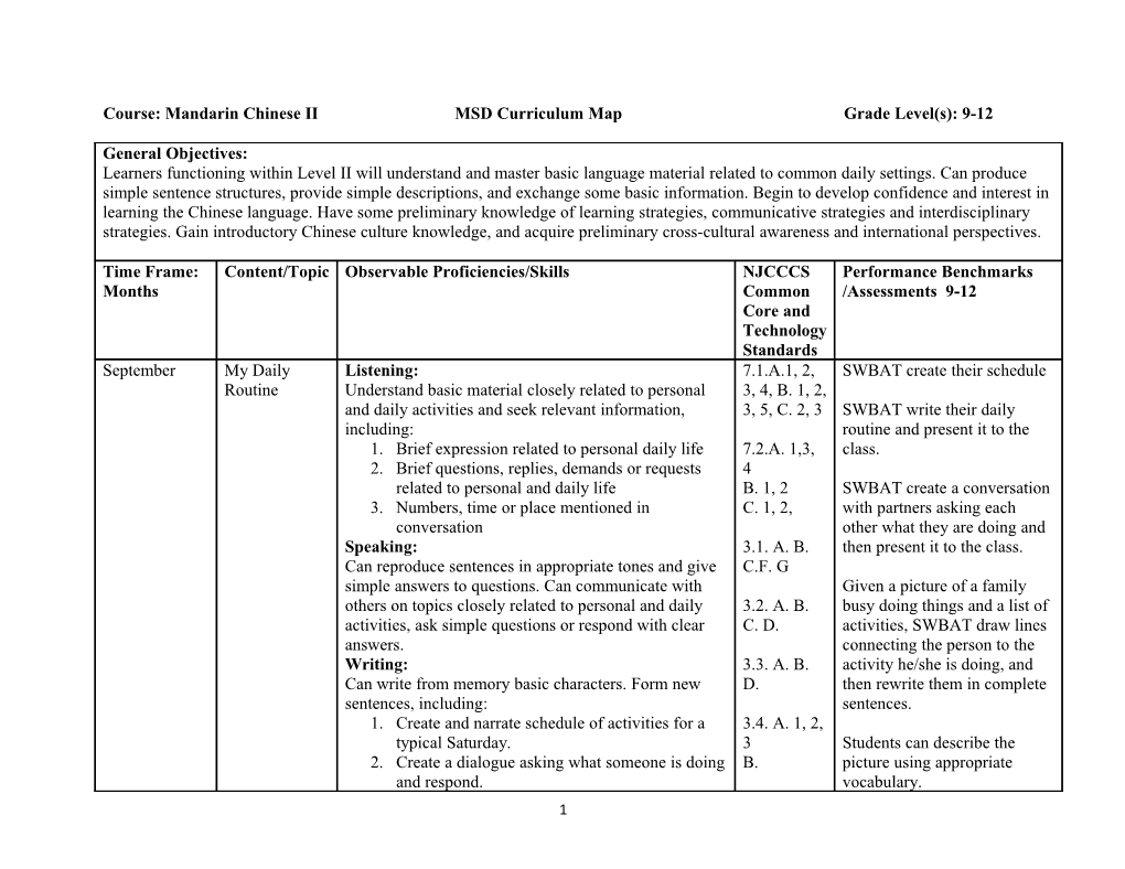 Course: Mandarin Chinese I Morristown School District Curriculum Map Grade Level(S): 9-12