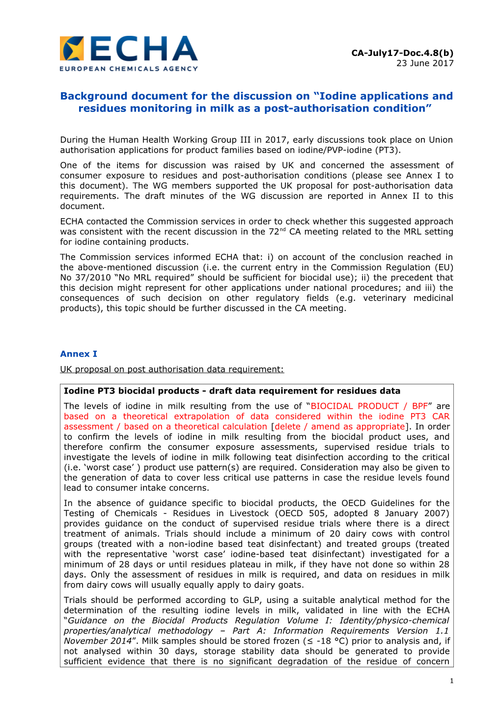 Background Document on Iodine Based UA Post-Authorisation Conditions