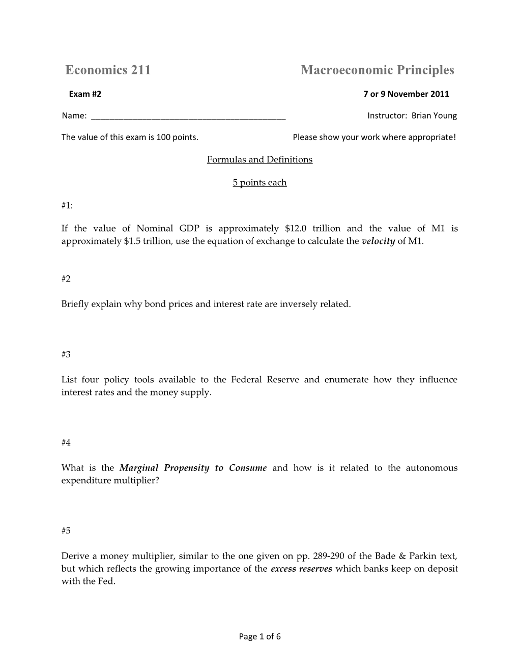 Economics 211 Macroeconomic Principles