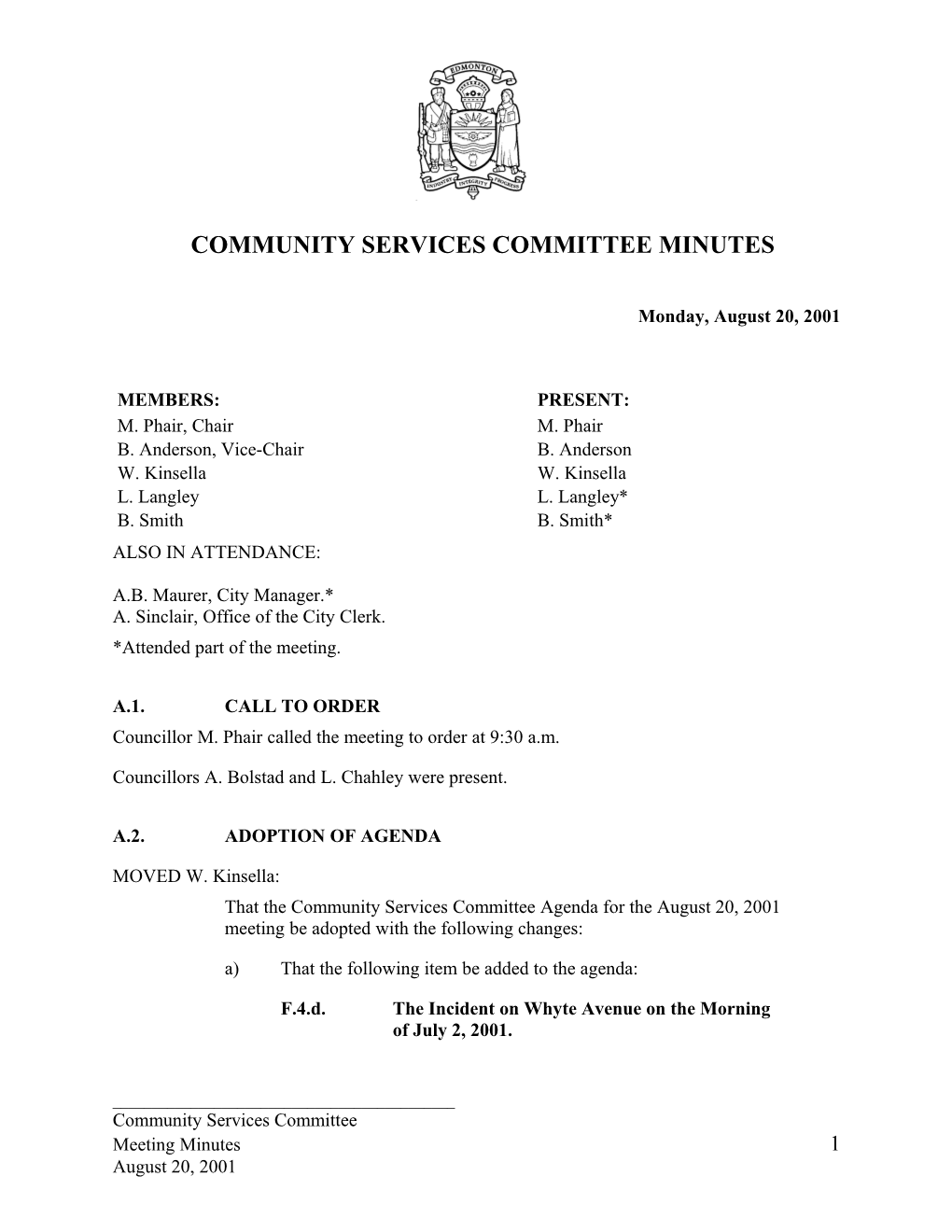 Minutes for Community Services Committee August 20, 2001 Meeting