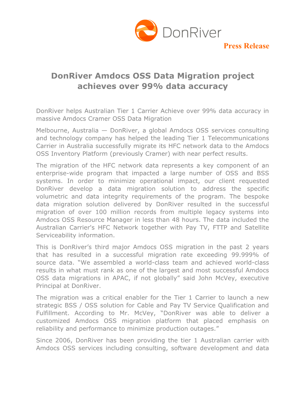 Donriver Amdocs OSS Data Migration Project Achieves Over 99% Data Accuracy
