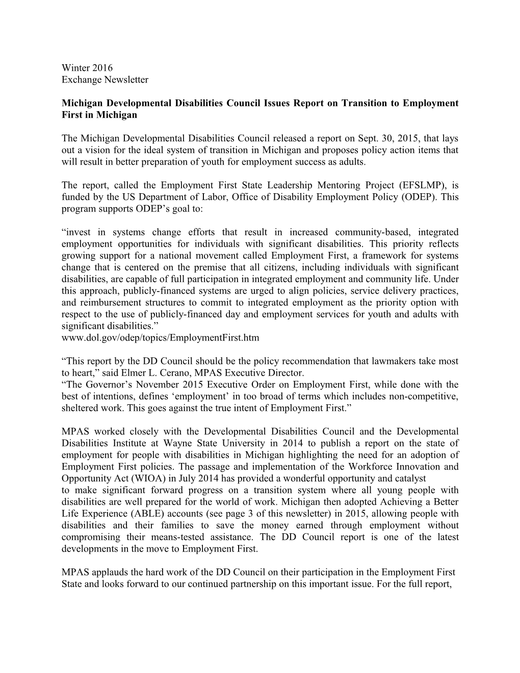 Michigan Developmental Disabilities Councilissues Report on Transition to Employment First