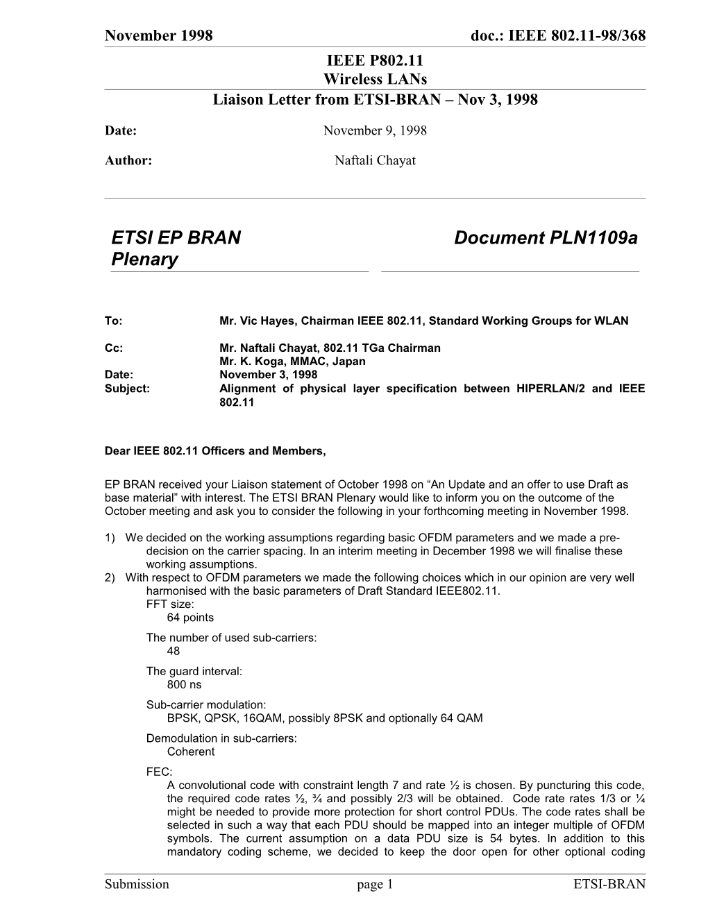 Liaison Letter from ETSI-BRAN Nov 3, 1998
