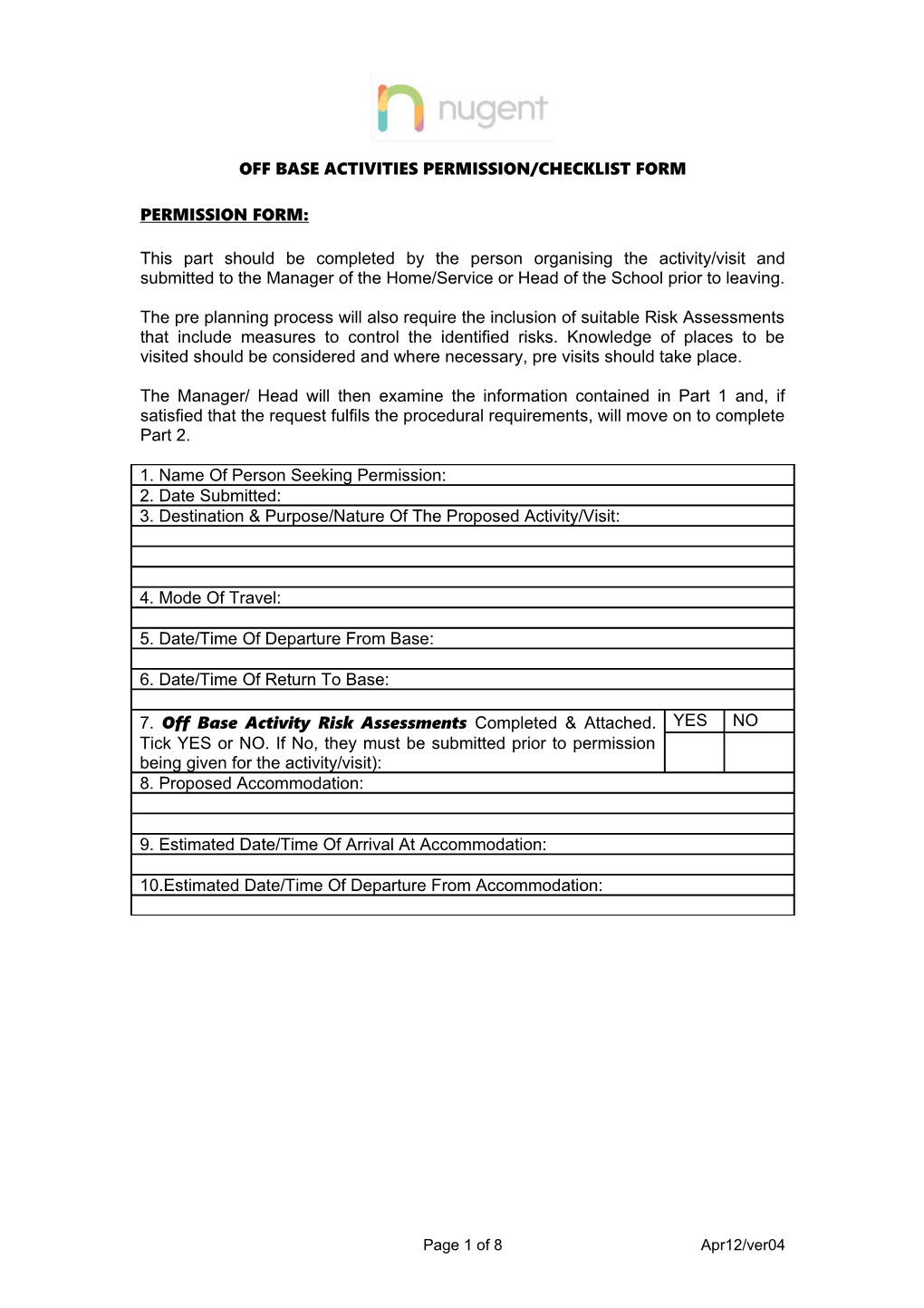 Off Base Activities Permission/Checklist Form