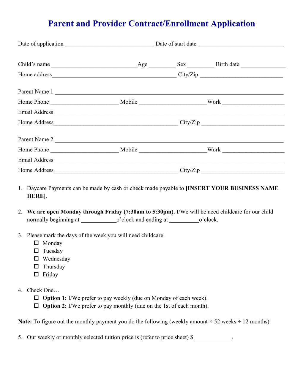 Provider and Parent Contract/Enrollment Application
