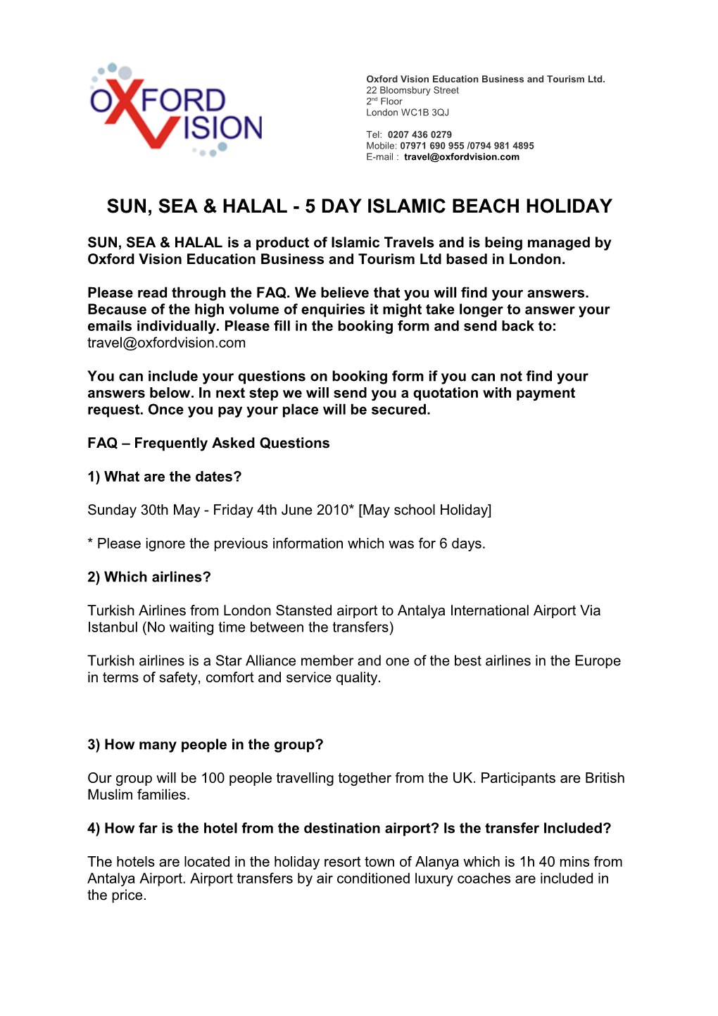 SUN, SEA & HALAL Booking Form