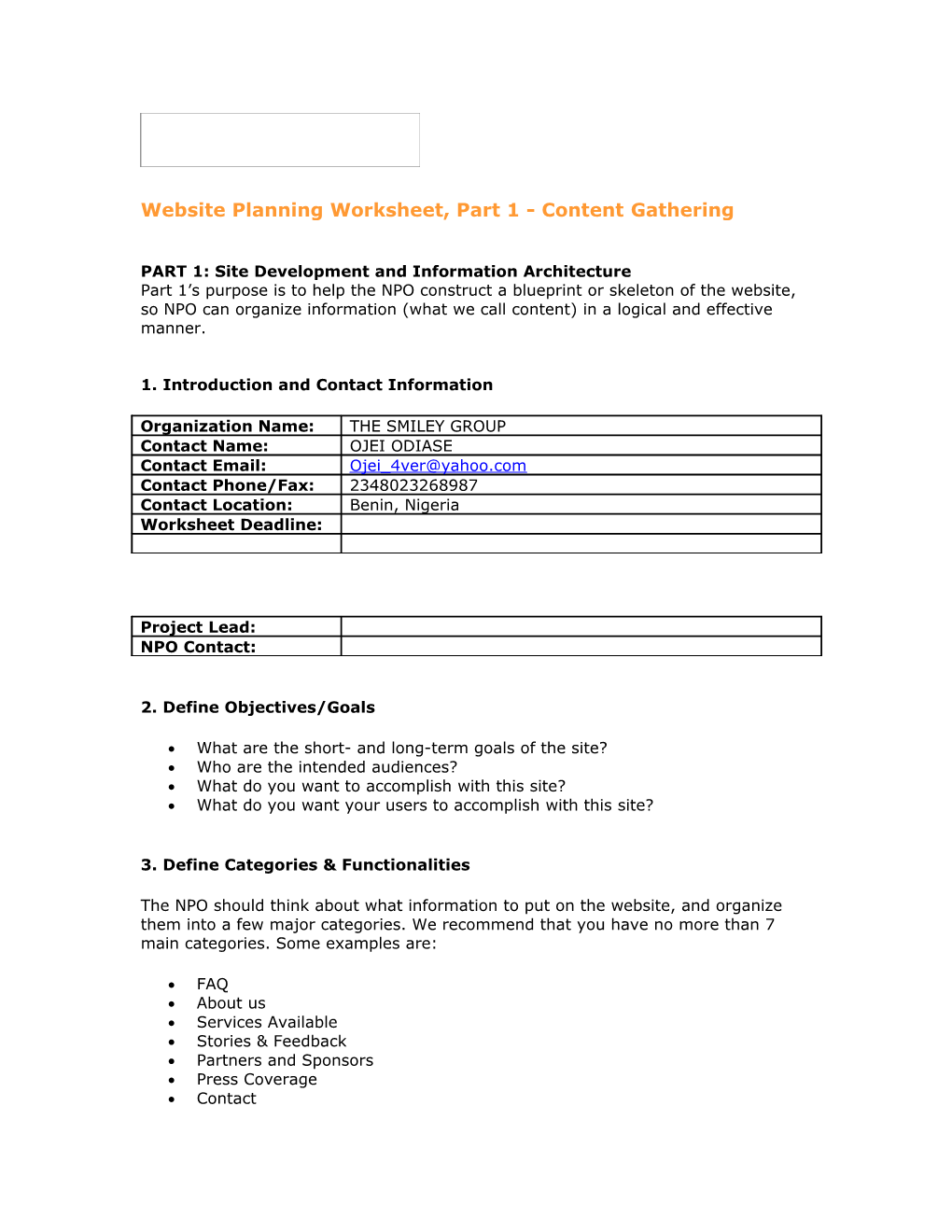 Website Planning Worksheet, Part 1 - Contentgathering