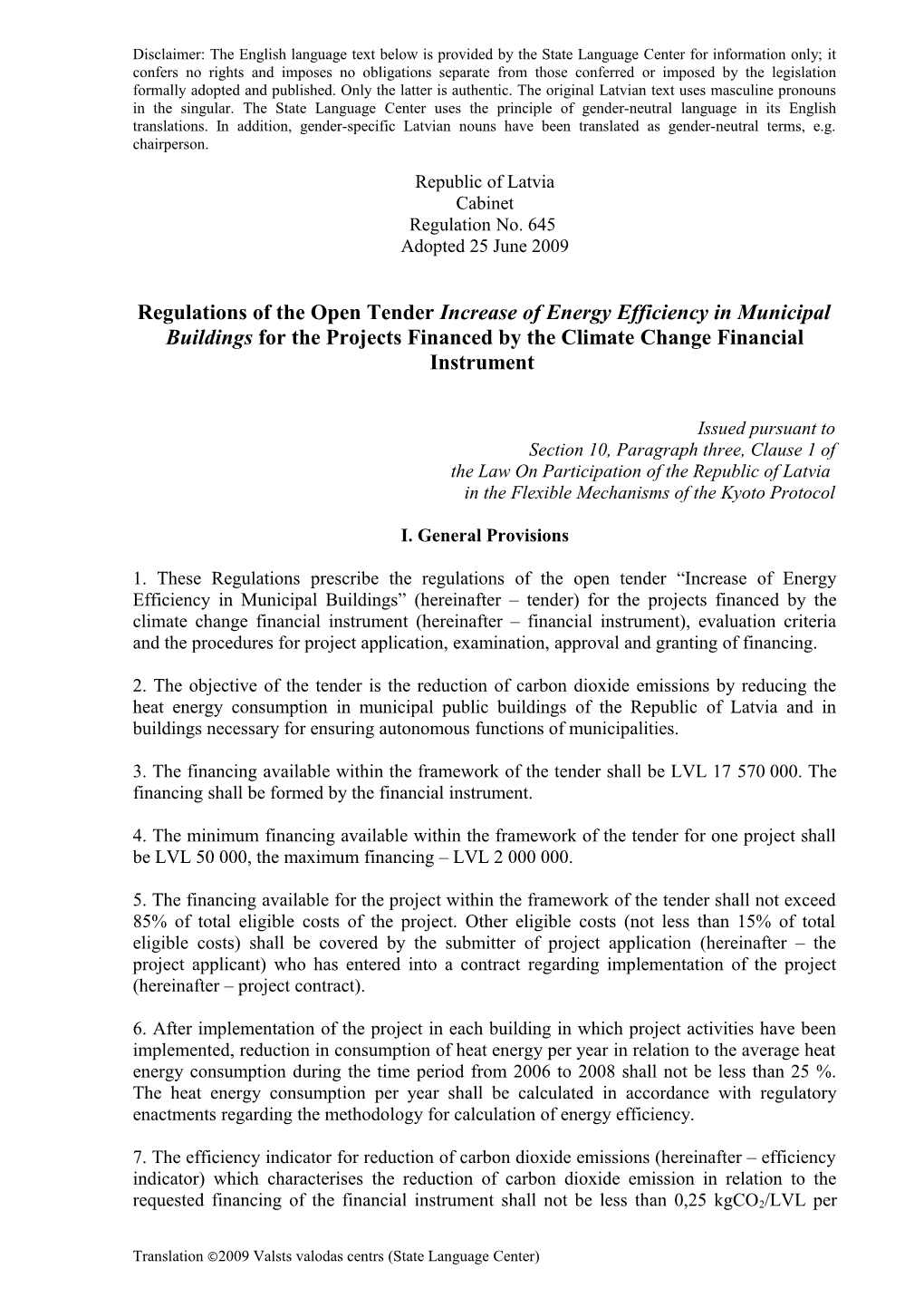 Regulations of the Open Tender Increase of Energy Efficiency in Municipal Buildings For