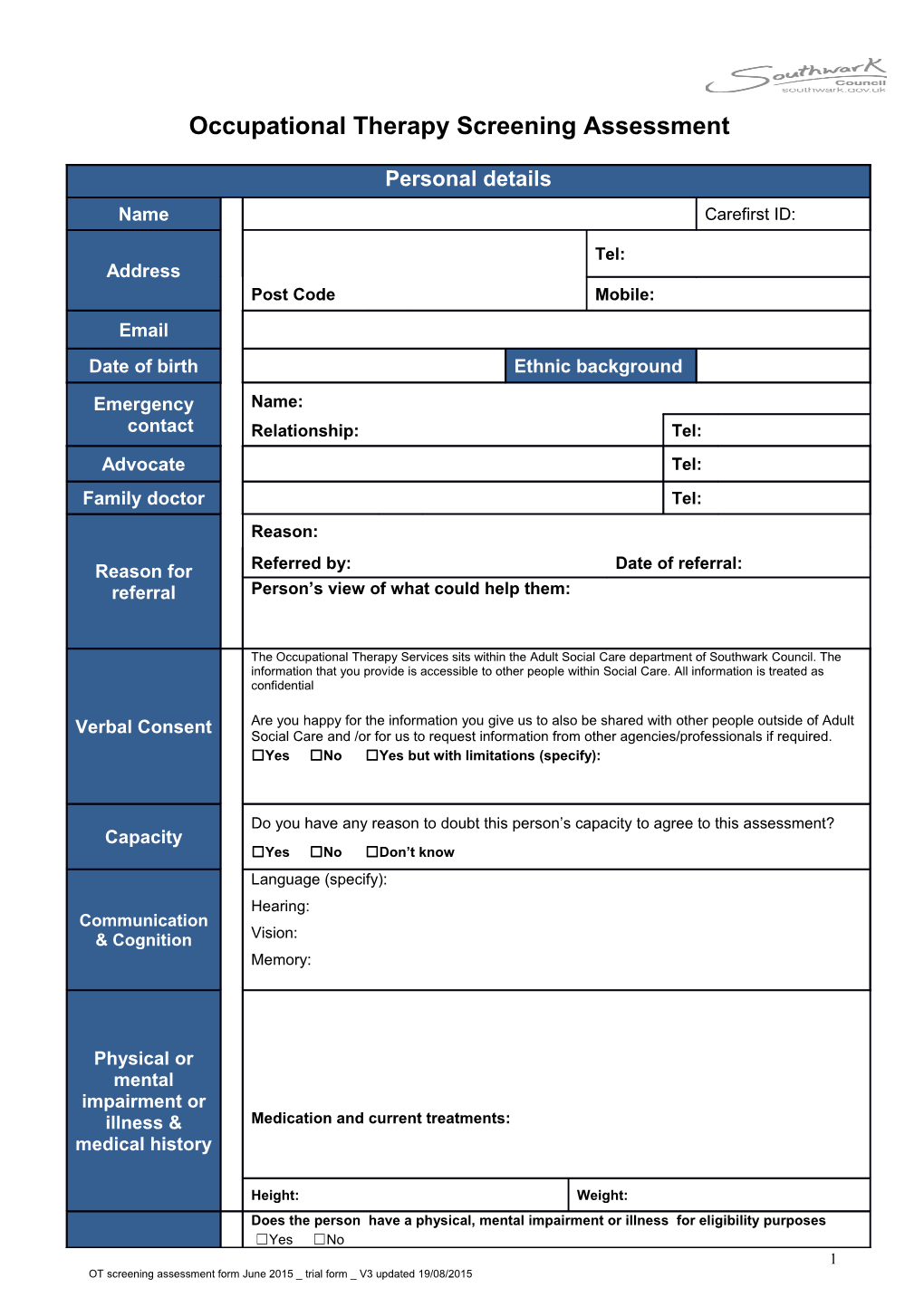 Occupational Therapy Assessment Form