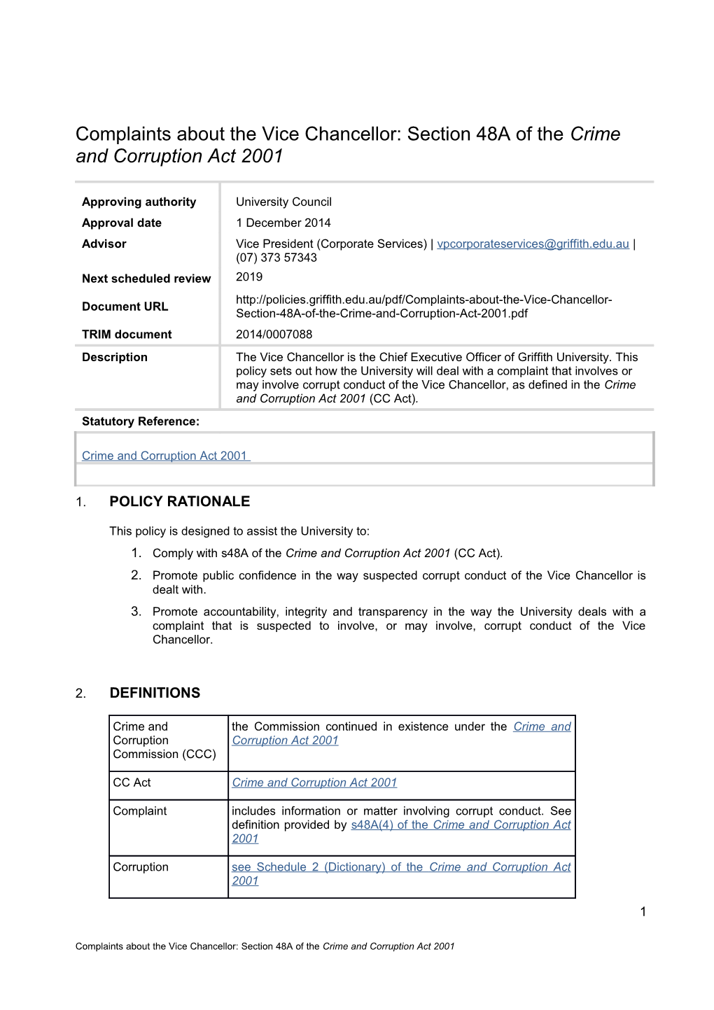 Complaints About the Vice Chancellor Section 48A of the Crime and Corruption Act 2001