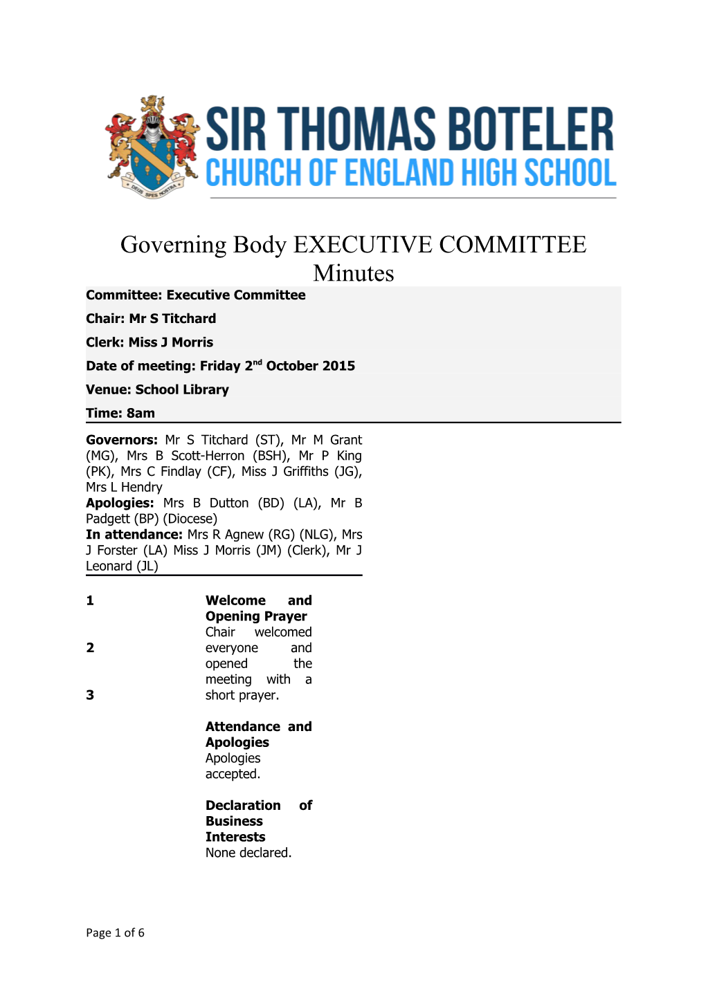 Governing Body EXECUTIVE COMMITTEE Minutes