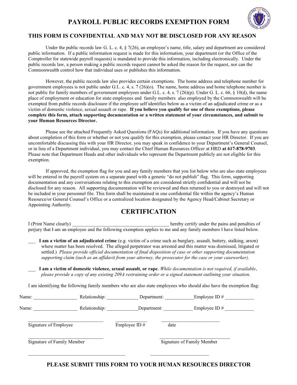Employee Certification Form for Exemption from Public Record Disclosure