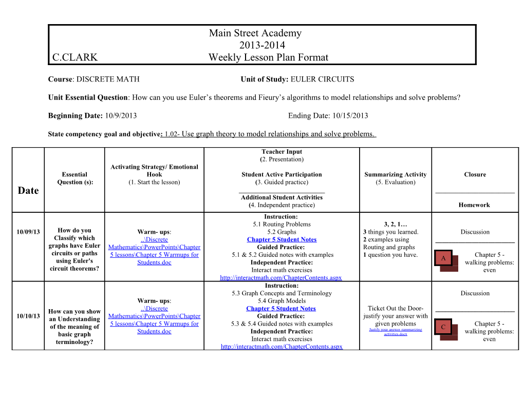 Course: DISCRETE MATH Unit of Study: EULER CIRCUITS