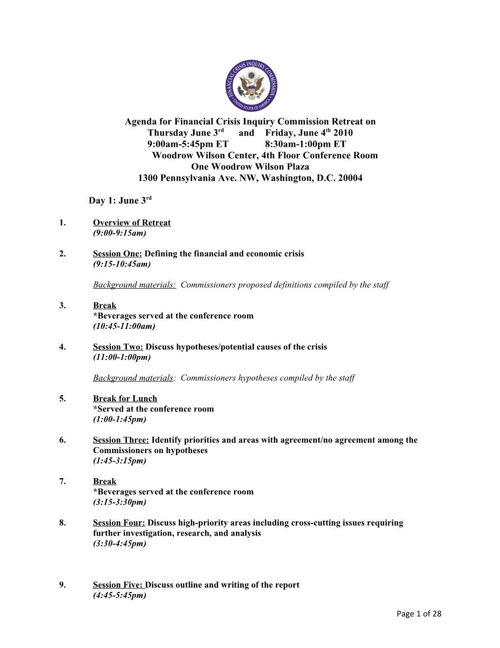 Agenda for Financial Crisis Inquiry Commission Retreat On
