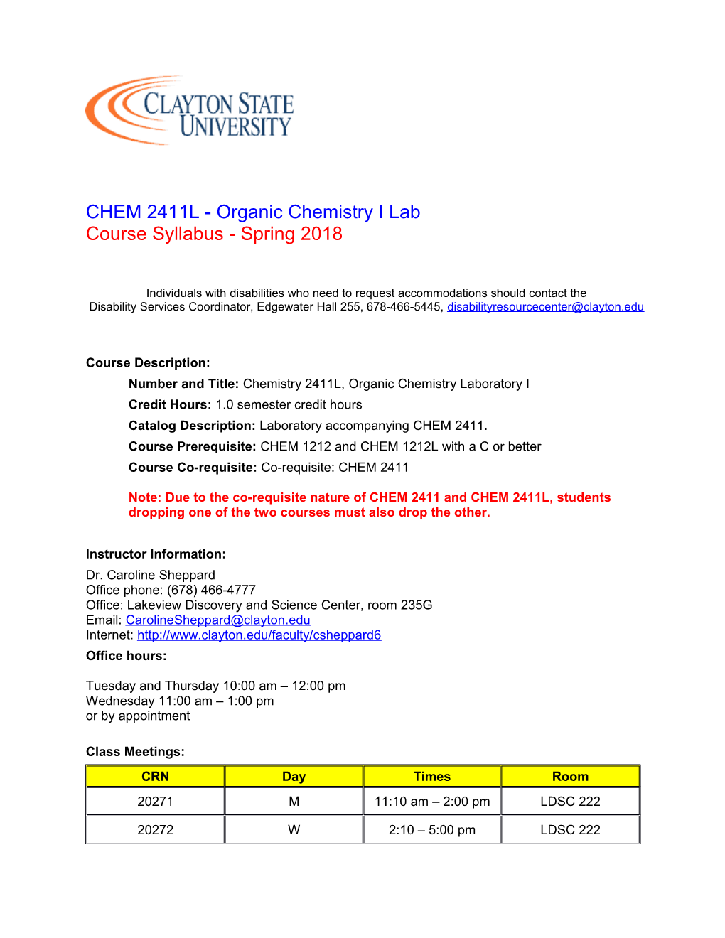 CHEM 2411L - Organic Chemistry I Lab Course Syllabus - Spring 2018