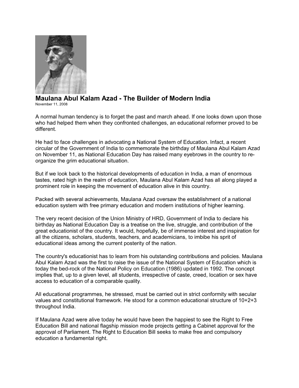 Maulana Abul Kalam Azad - the Builder of Modern India