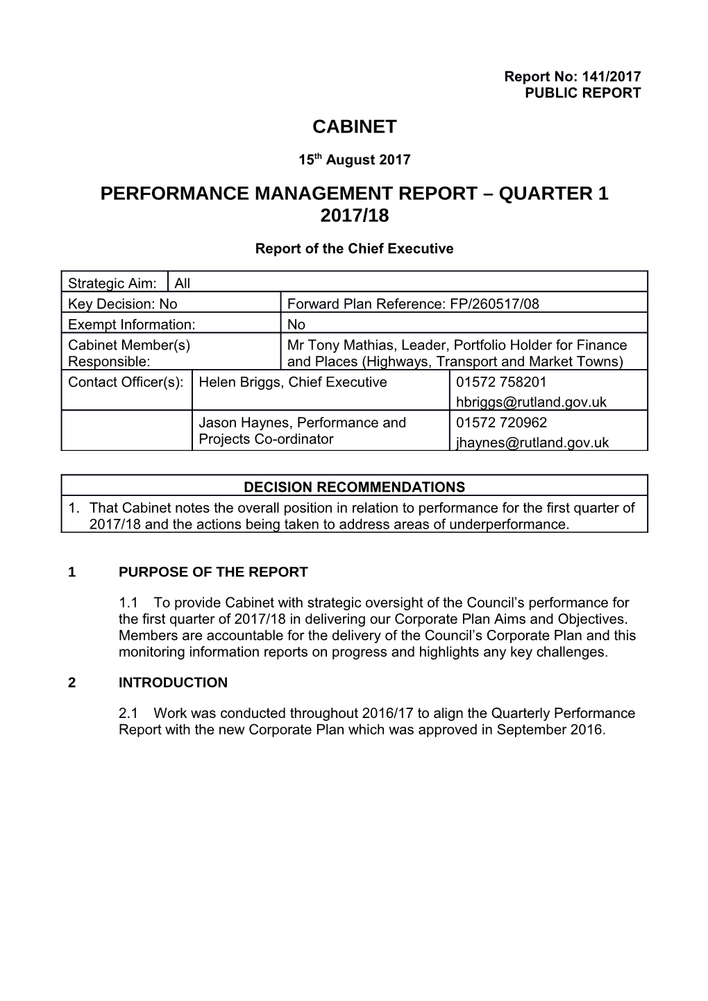 Performance Management Report Quarter 1 2017/18