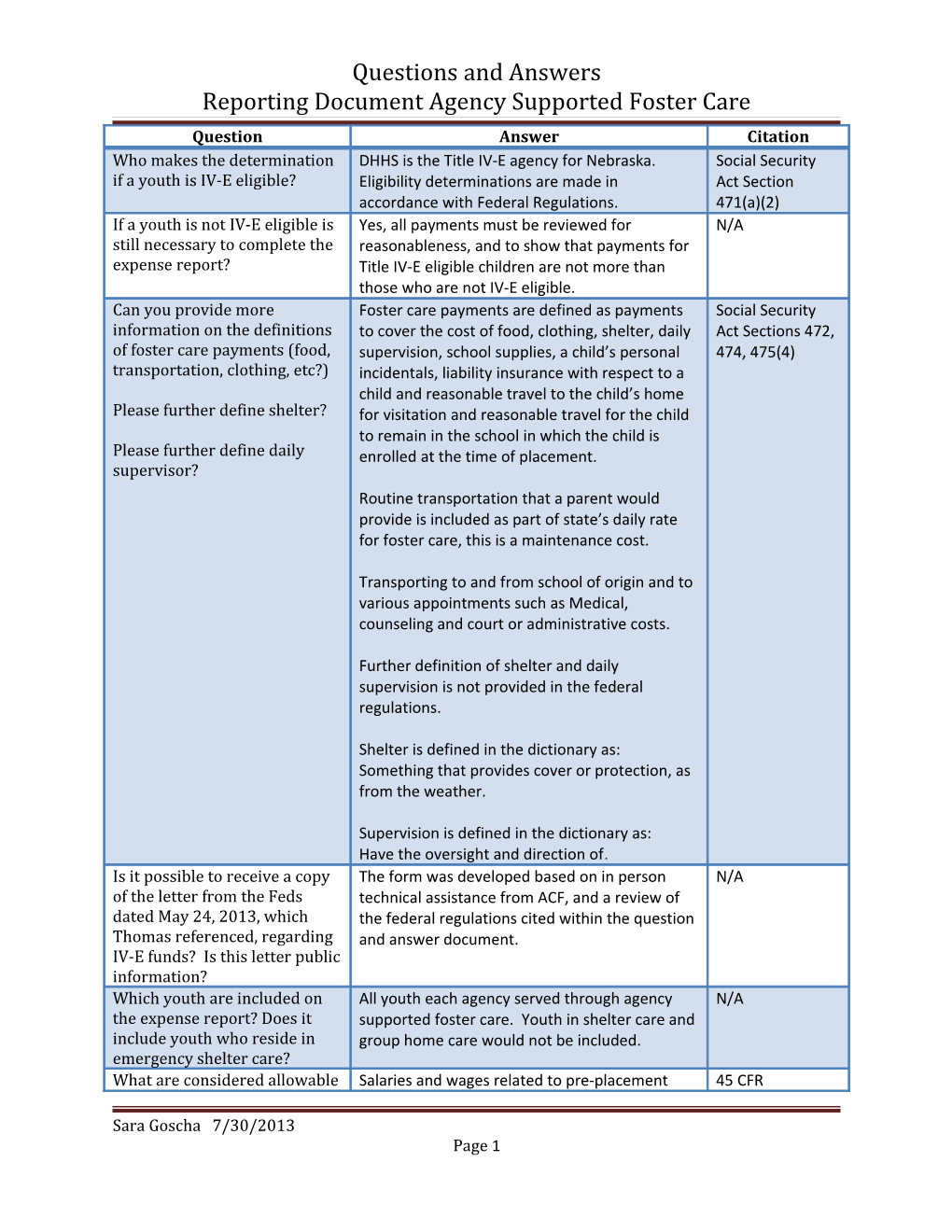 ASFC Report Questions and Answers Reporting Document Agency Supported Foster Care