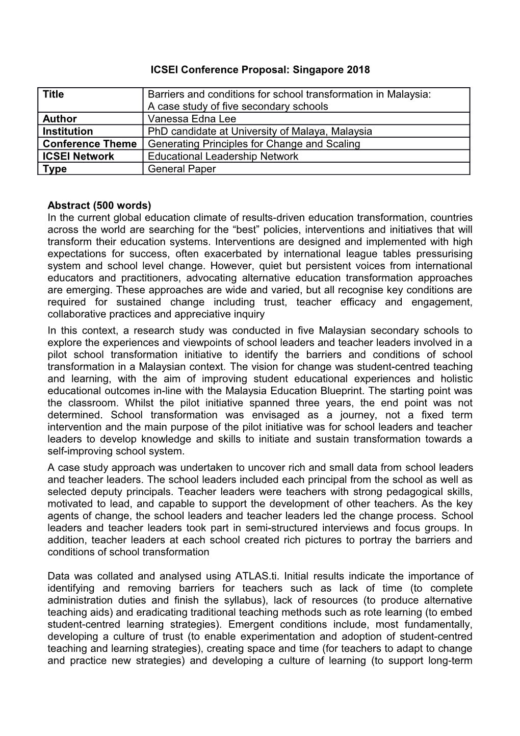 ICSEI Conference Proposal: Singapore 2018