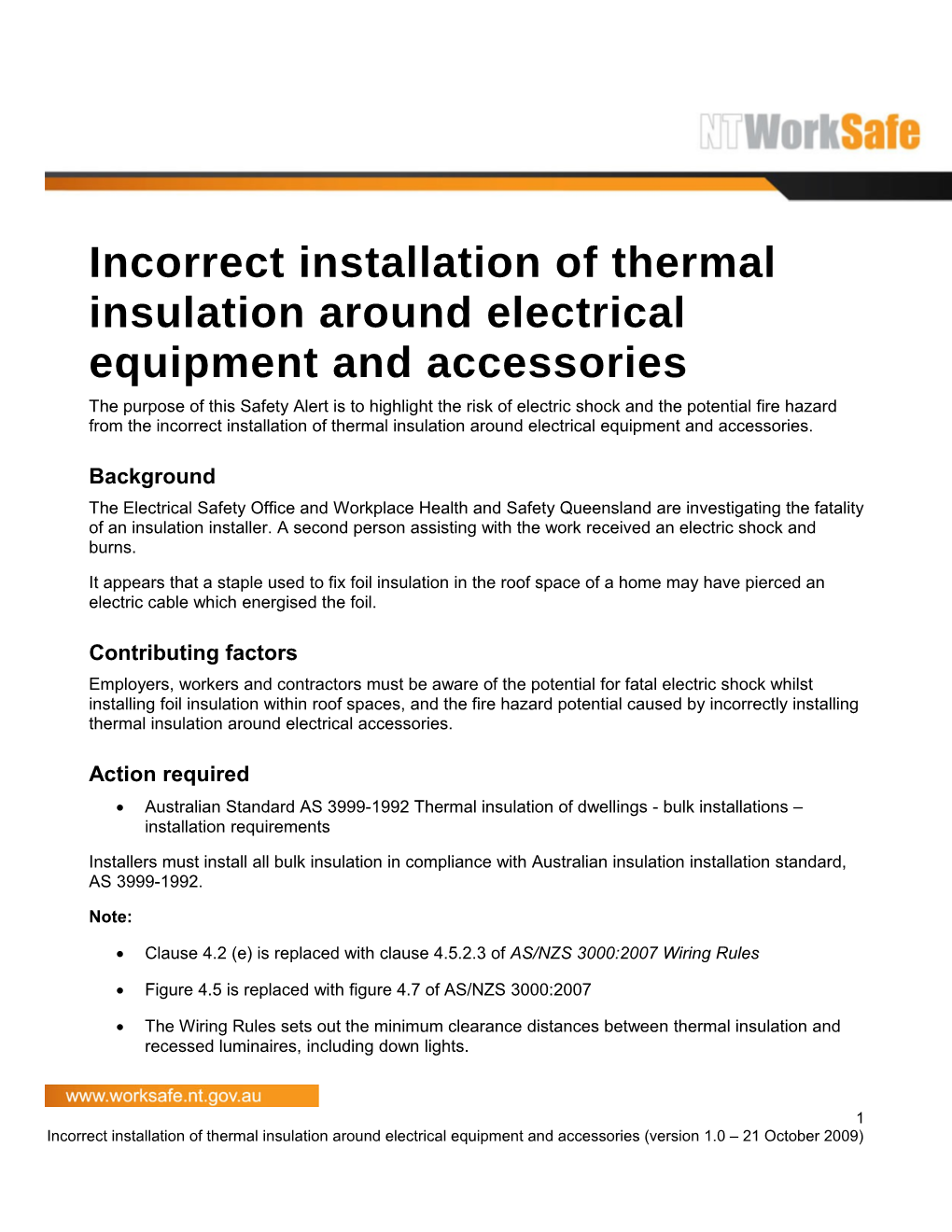 Safety Alert - Incorrect Installation of Thermal Insulation Around Electrical Equipment