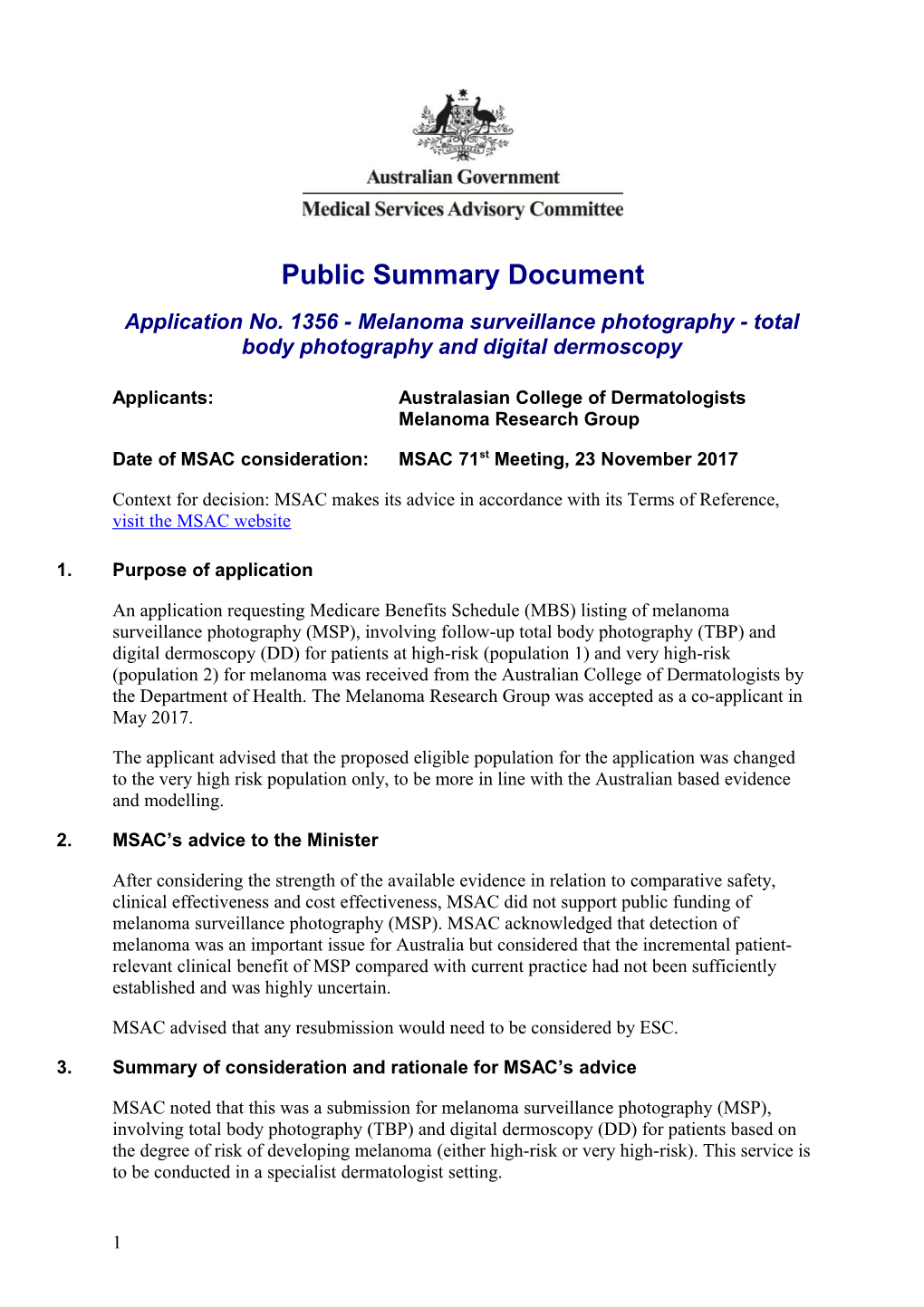 Application No. 1356 - Melanoma Surveillance Photography - Total Body Photography And