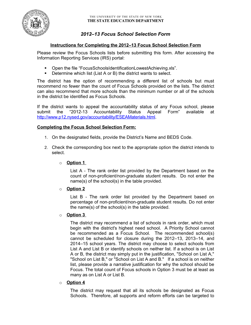 Instructions for Completing the 2012 13 Focus School Selection Form