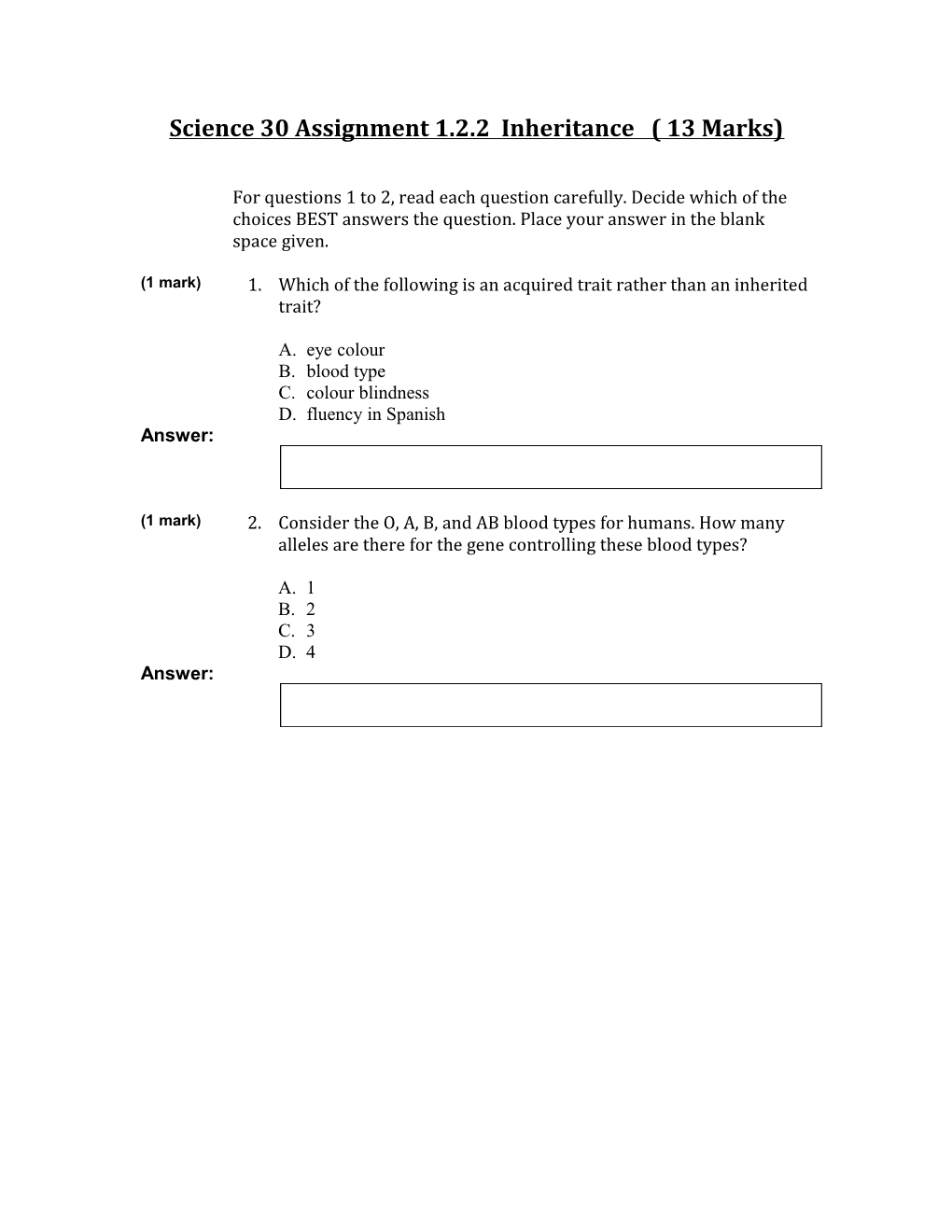 Science 30 Assignment 1.2.2 Inheritance (13 Marks)