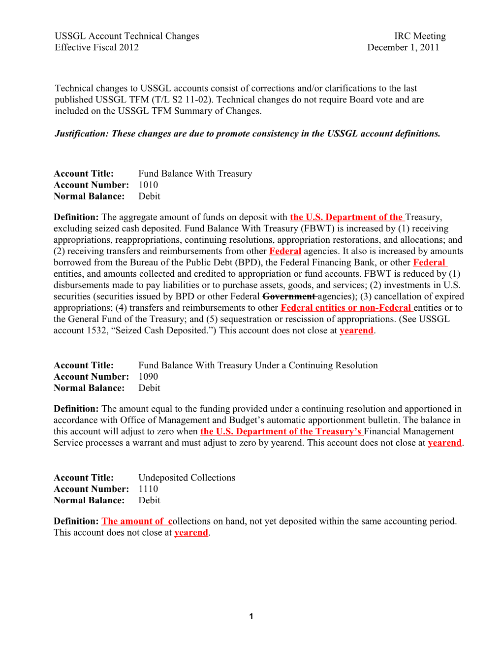 USSGL Account Technical Changes IRC Meeting