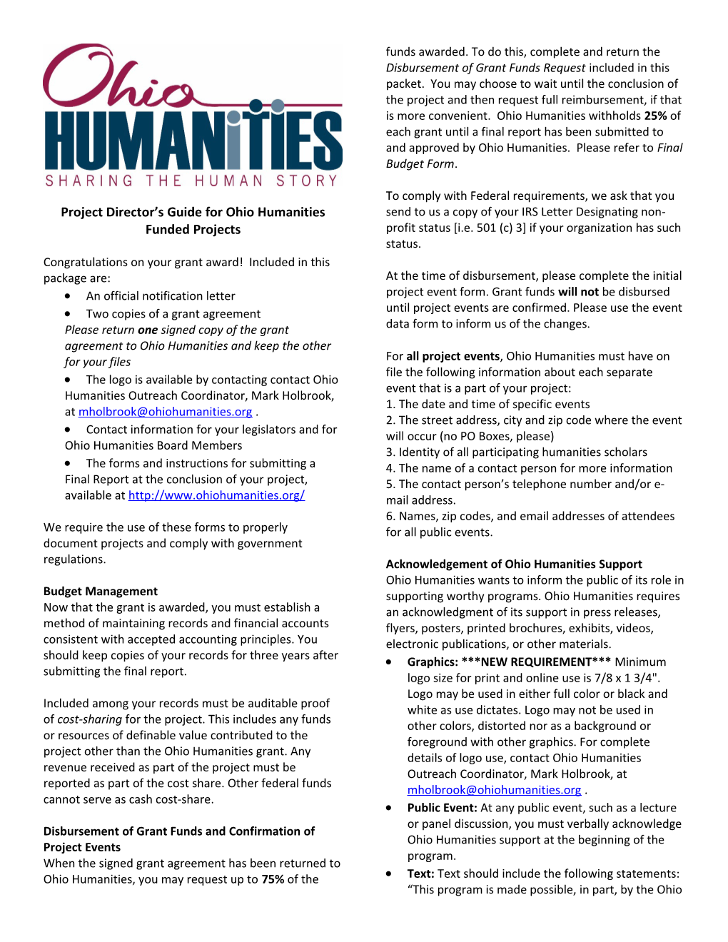 Project Director S Guide for Ohio Humanities Funded Projects