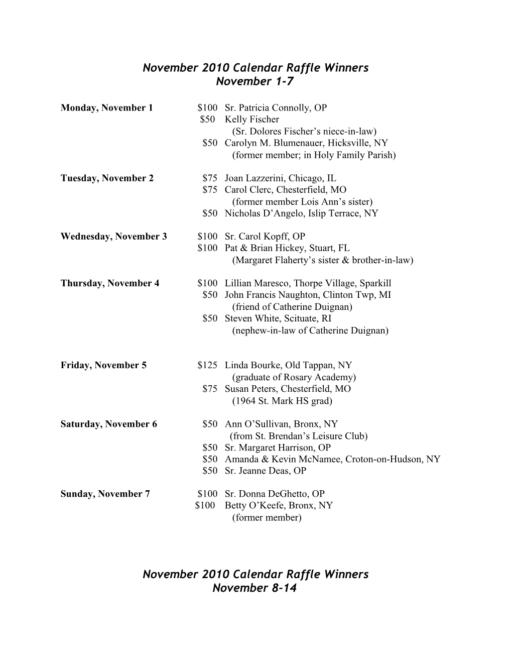 November 2010 Calendar Raffle Winners