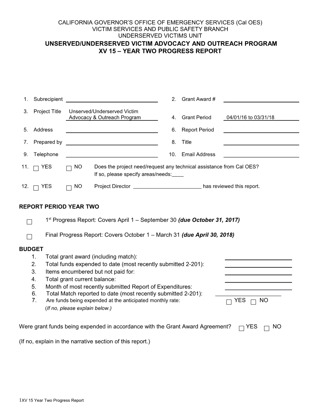 2016 Unserved/Underserved Victim Advocacy and Outreach (XV) Program Two-Year Progress Report