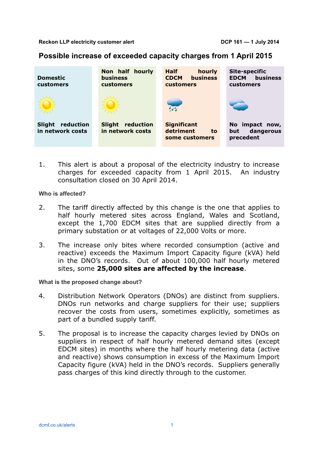 Reckon LLP Electricity Customer Alertdcp 161 1 July 2014