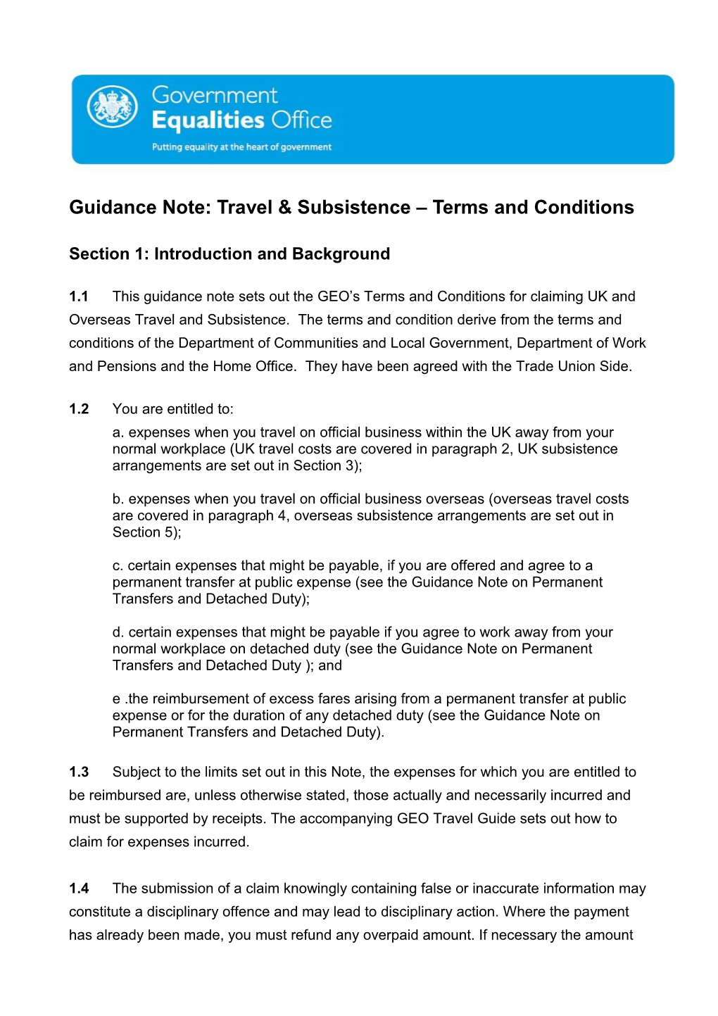 Guidance Note: Travel & Subsistence Terms and Conditions