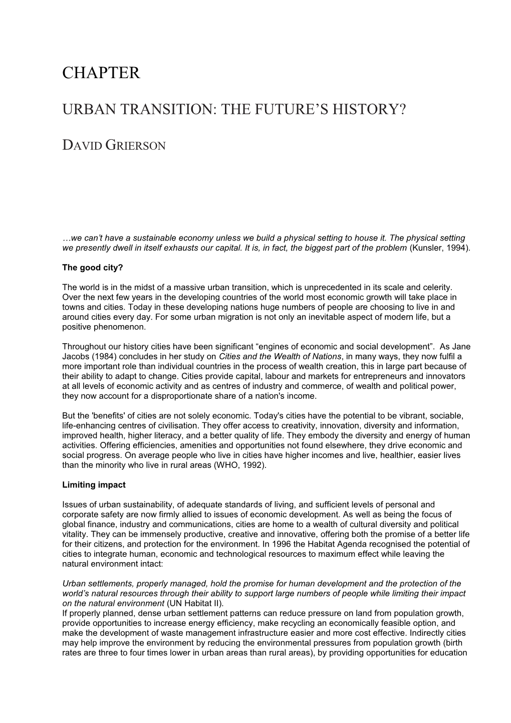 Urban Transition: the Future S History?