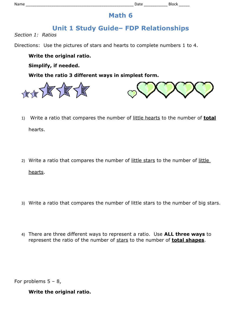 Directions: Use the Pictures of Stars and Hearts to Complete Numbers 1 to 4