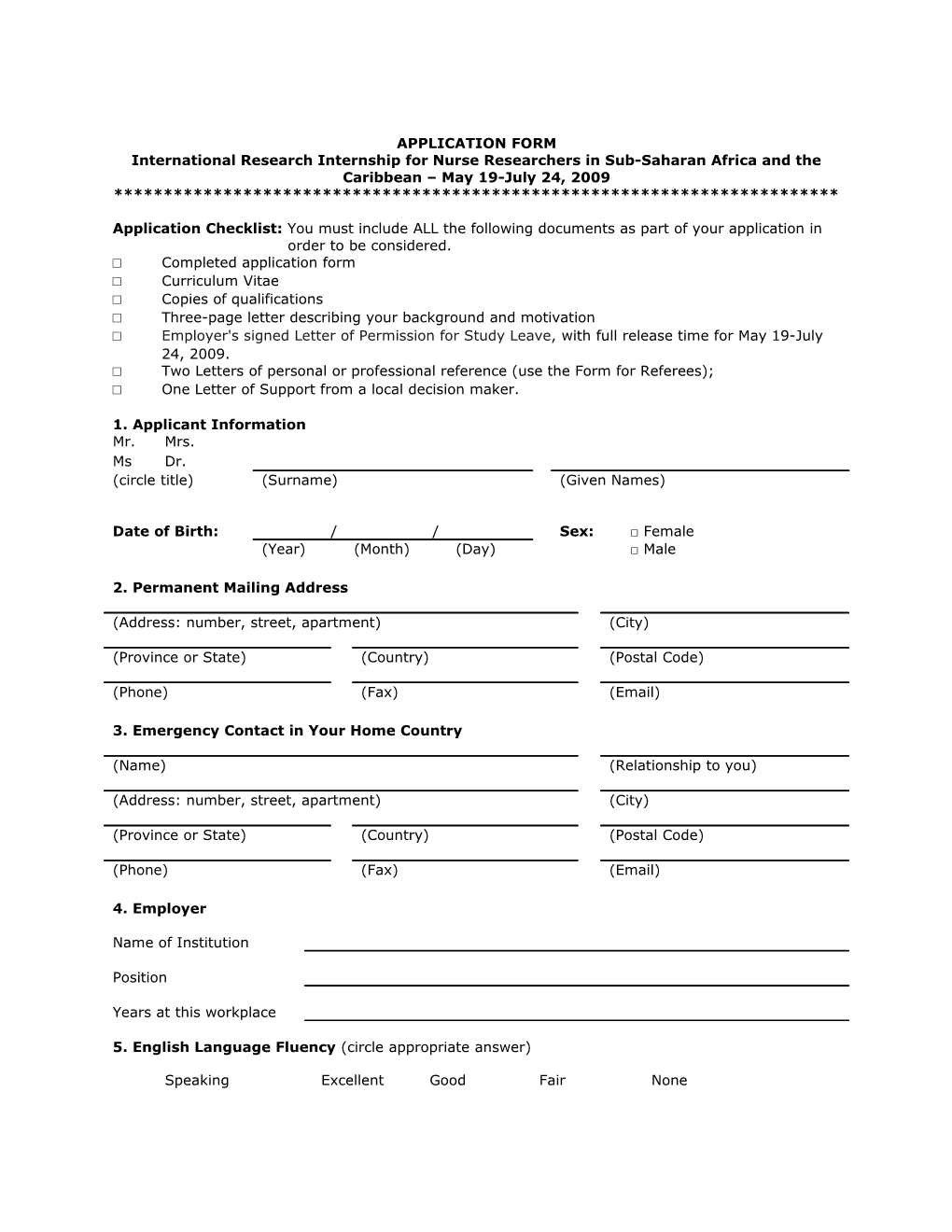 Application Form for Research Internship