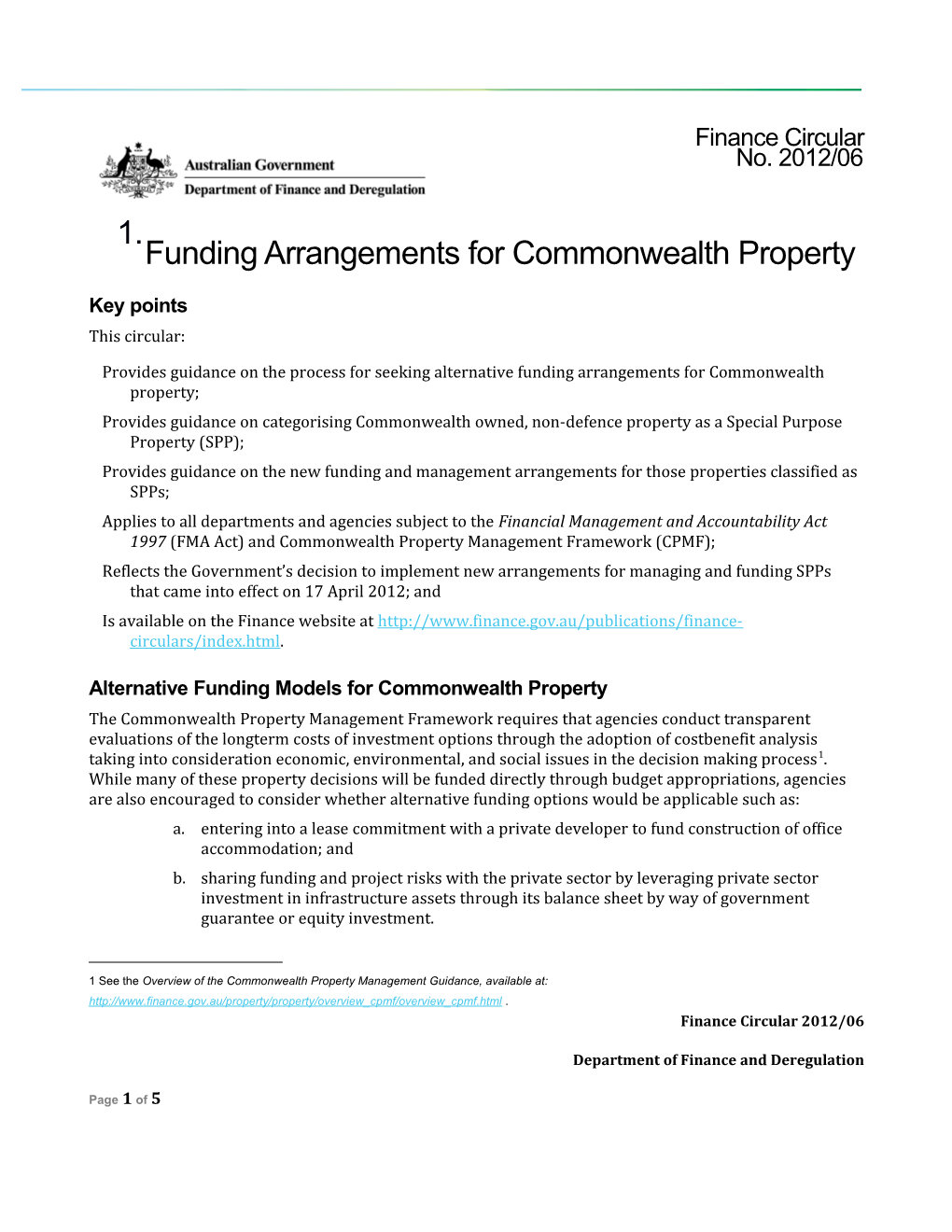 Finance Circular No. 2012/06 Funding Arrangements for Commonwealth Property