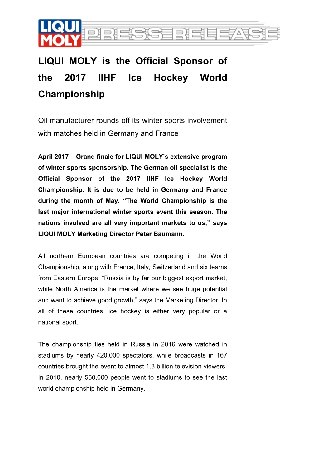 LIQUI MOLY Isthe Official Sponsor Ofthe 2017 IIHF Ice Hockey World Championship