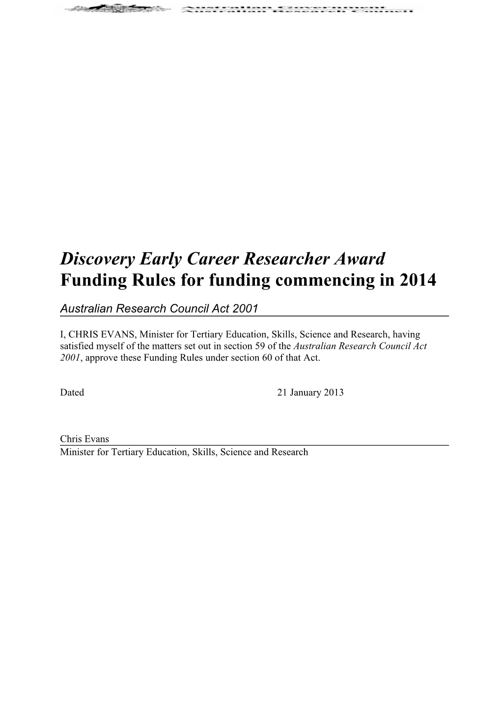 Discovery Early Career Researcher Awardfunding Rules for Funding Commencing in 2014