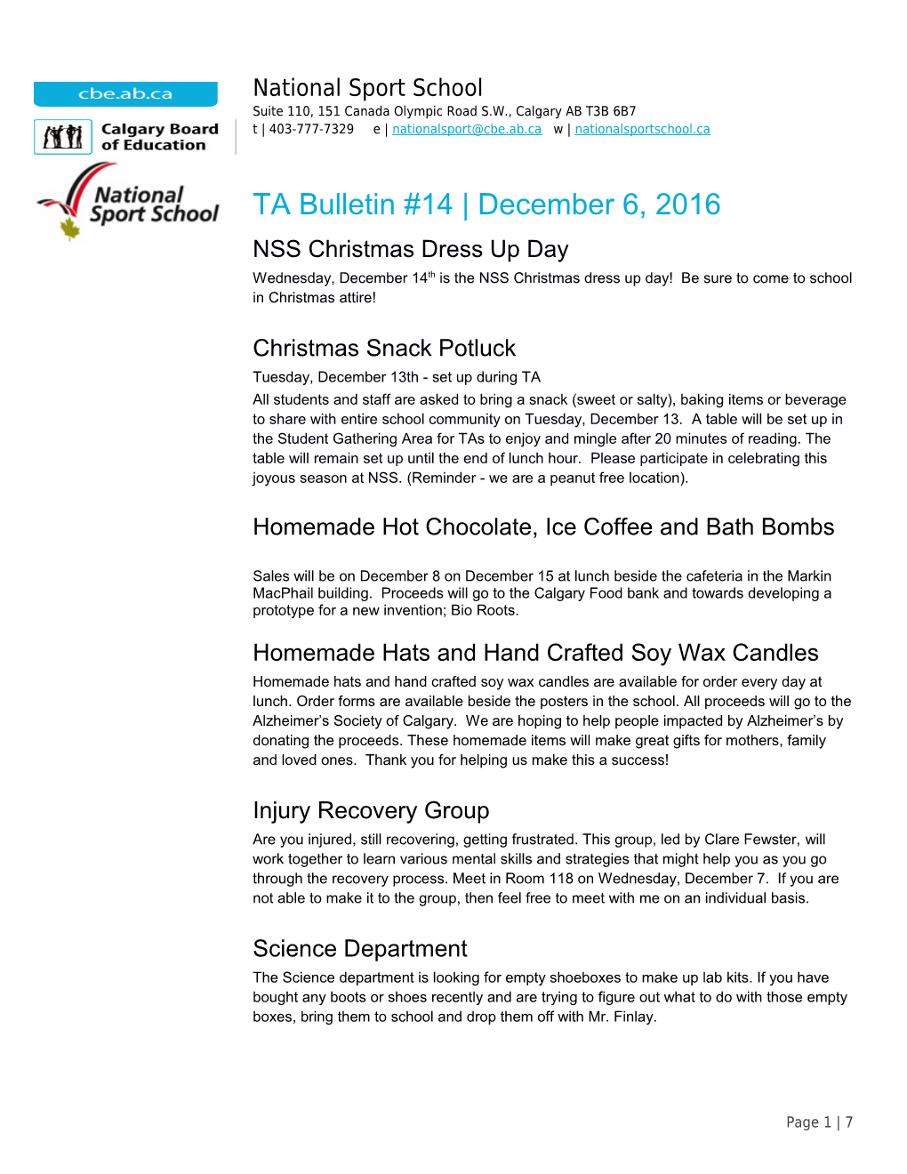 TA Bulletin National Sports School Newsletter