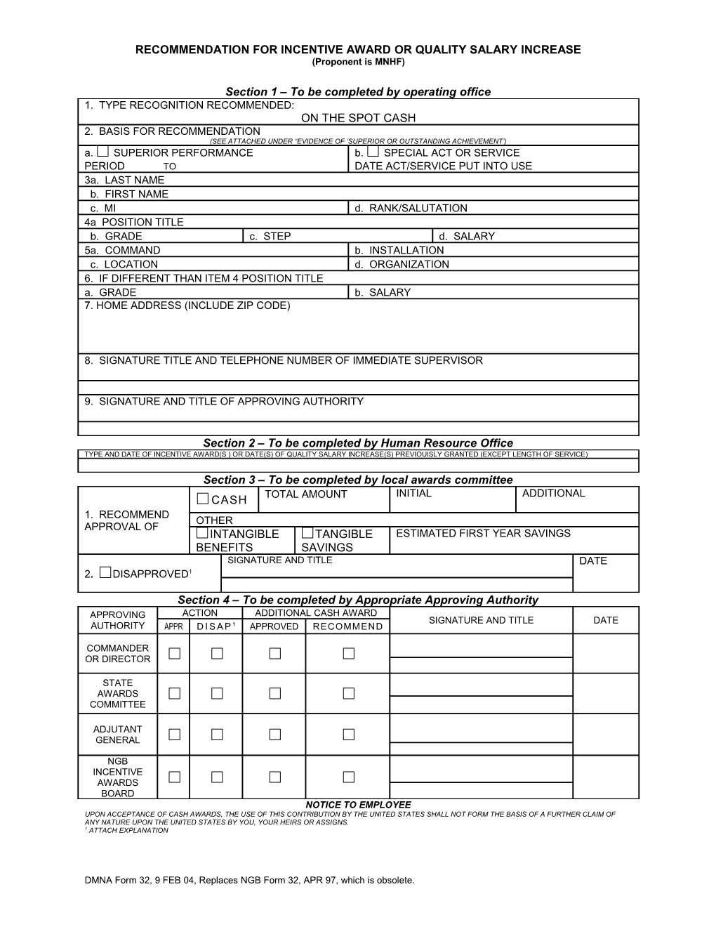 Recommendation for Incentive Award Or Quality Salary Increase