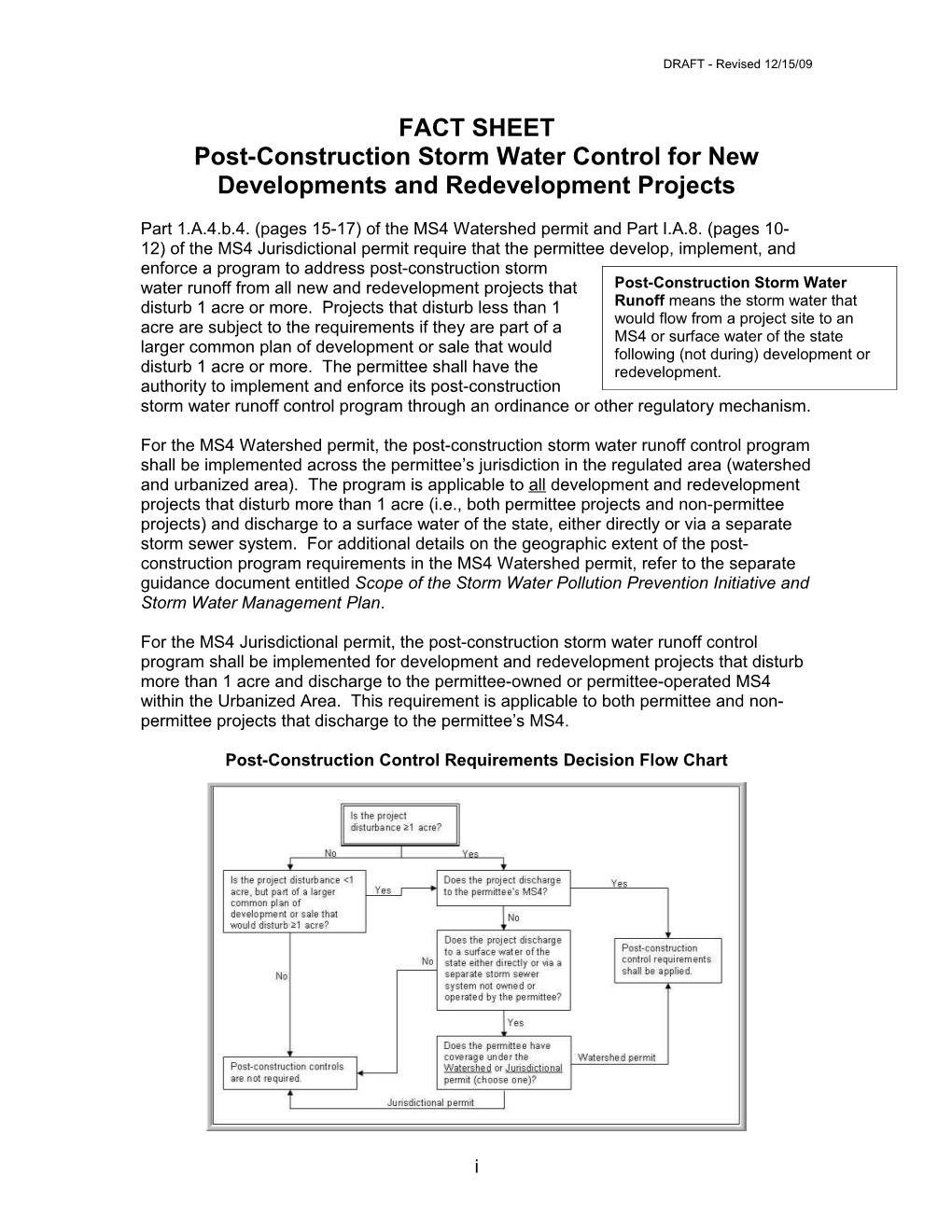 Post-Construction Storm Water Control for New Developments and Redevelopment Projects