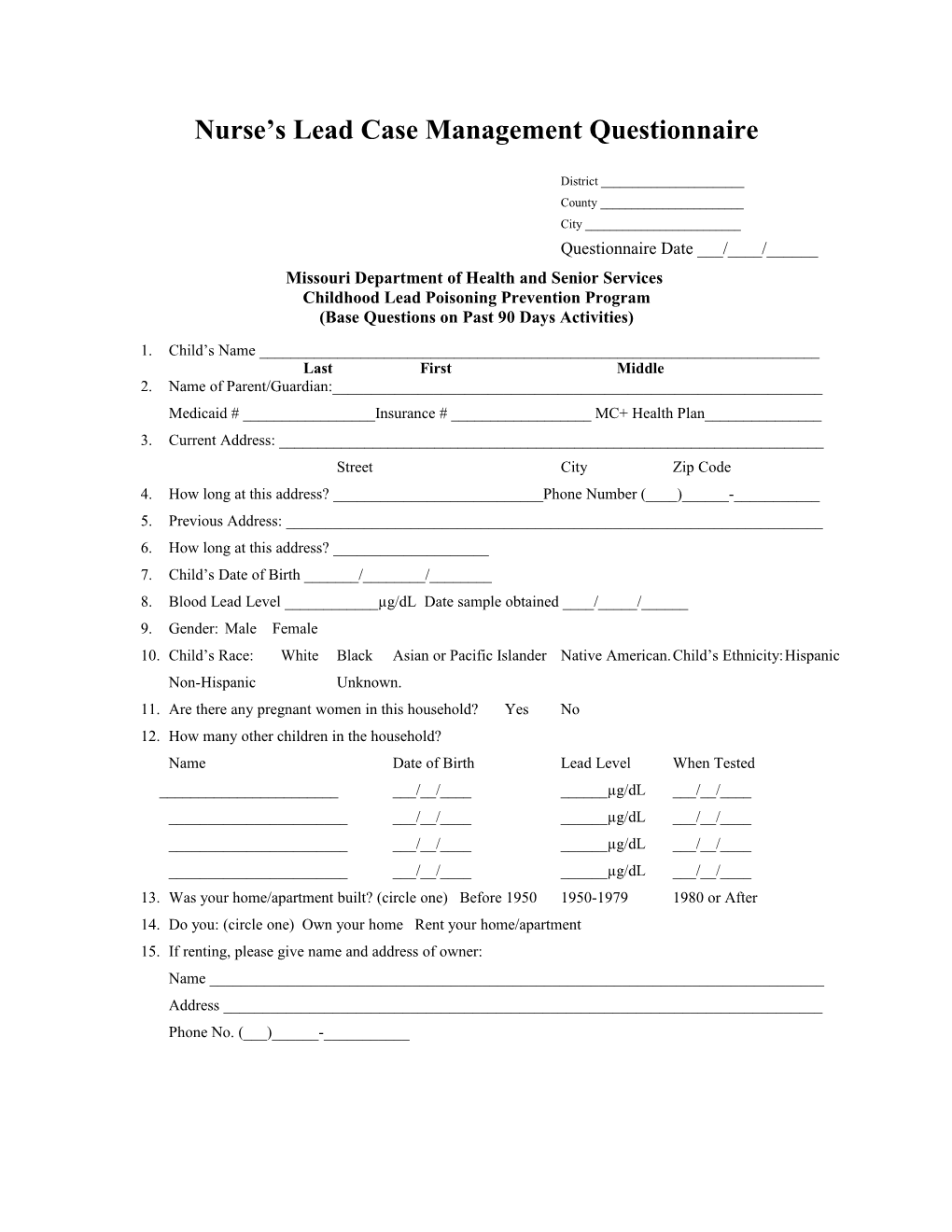 Nurse S Lead Case Management Questionnaire