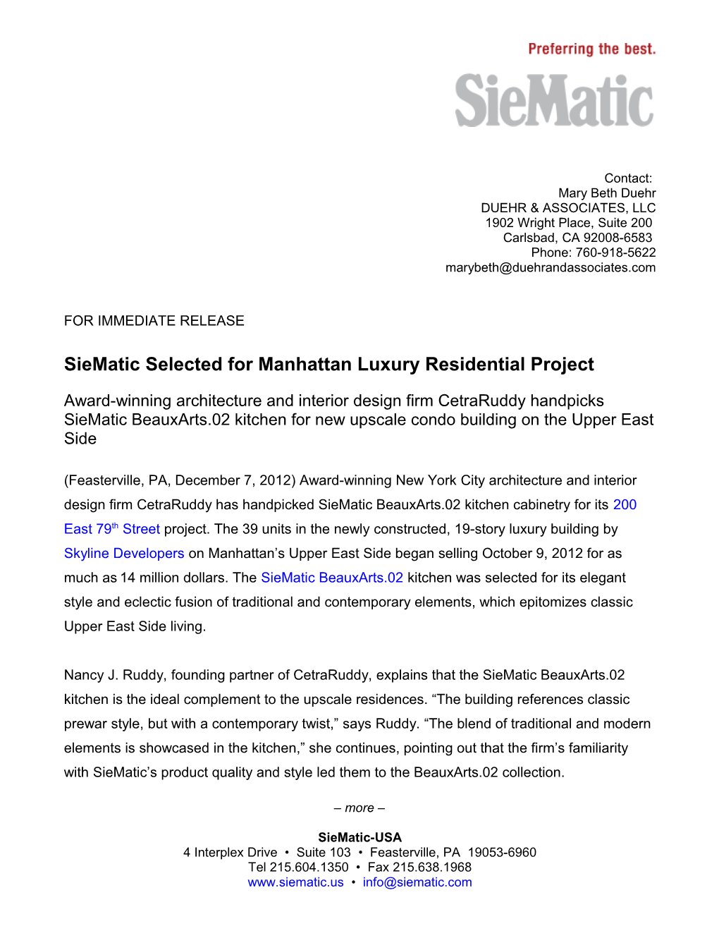 Siematic Selected for Manhattan Luxury Residential Project