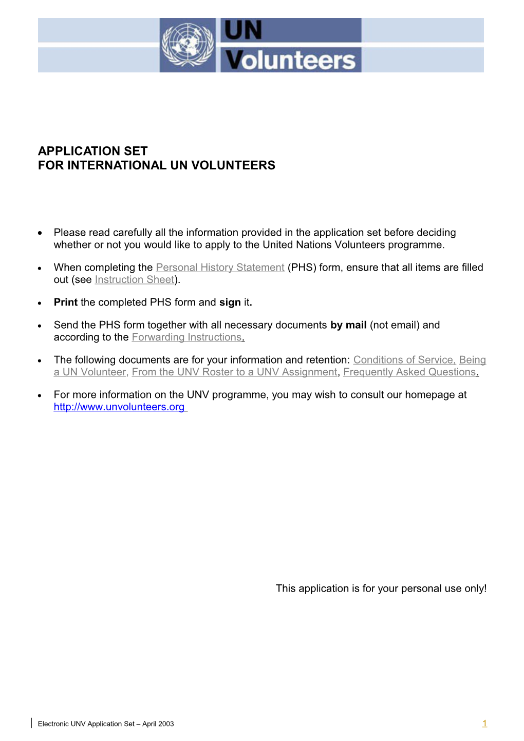 Application Setfor International UN Volunteers