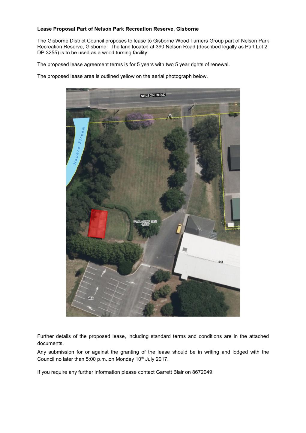 Lease Proposal Part of Nelson Park Recreation Reserve, Gisborne