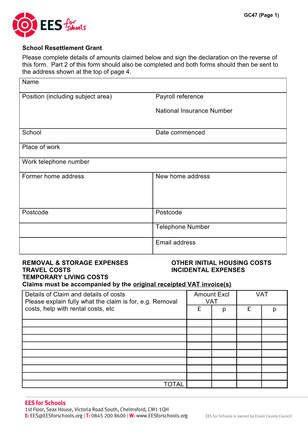 Resettlement Claim Form