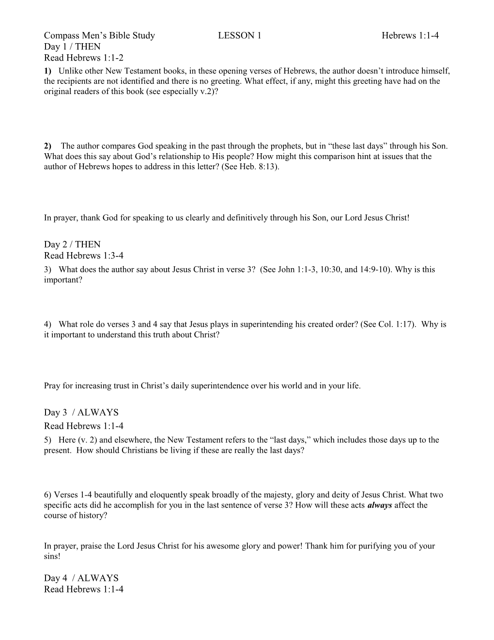 Compass Men S Bible Study LESSON 1 Hebrews 1:1-4