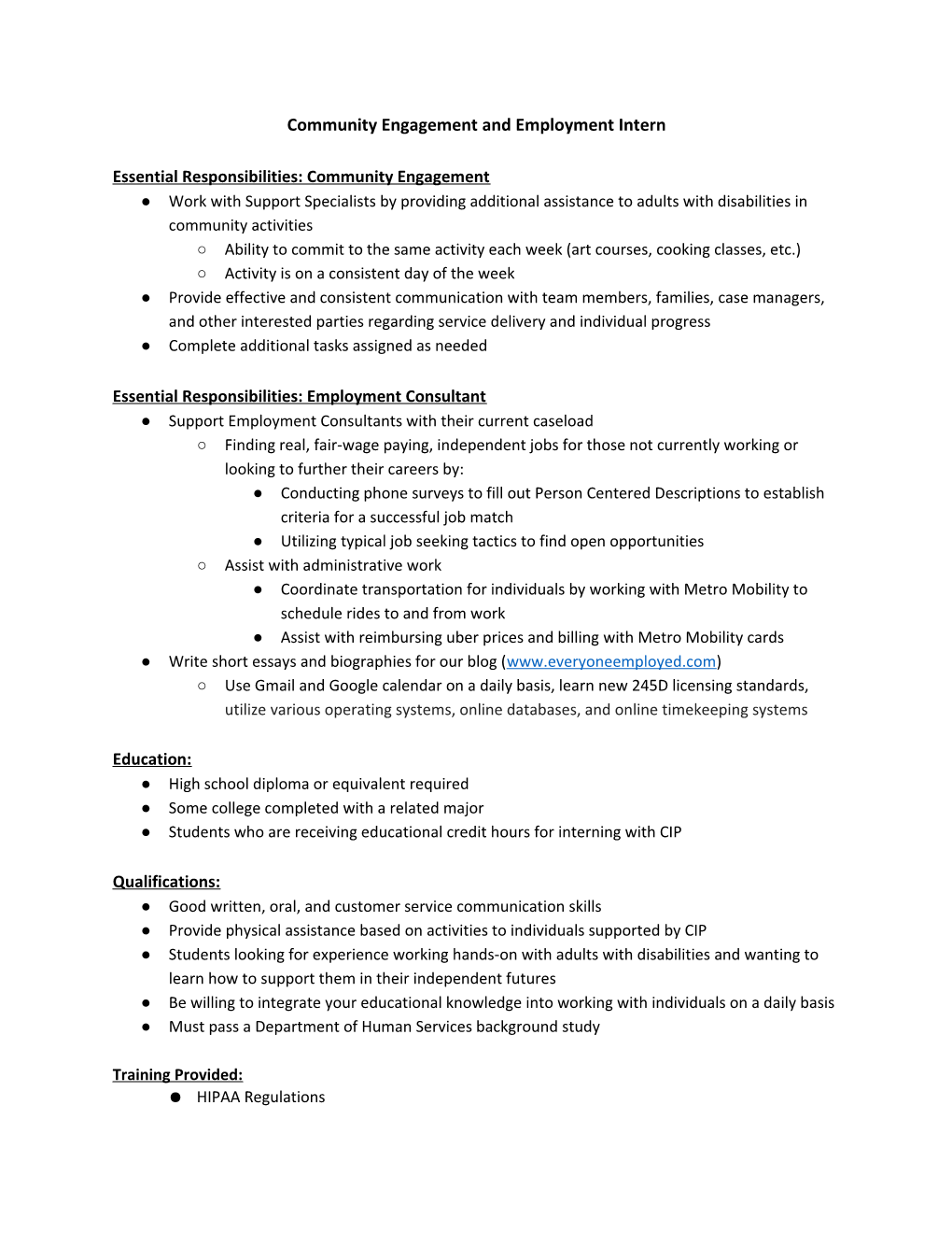 Community Engagement and Employment Intern