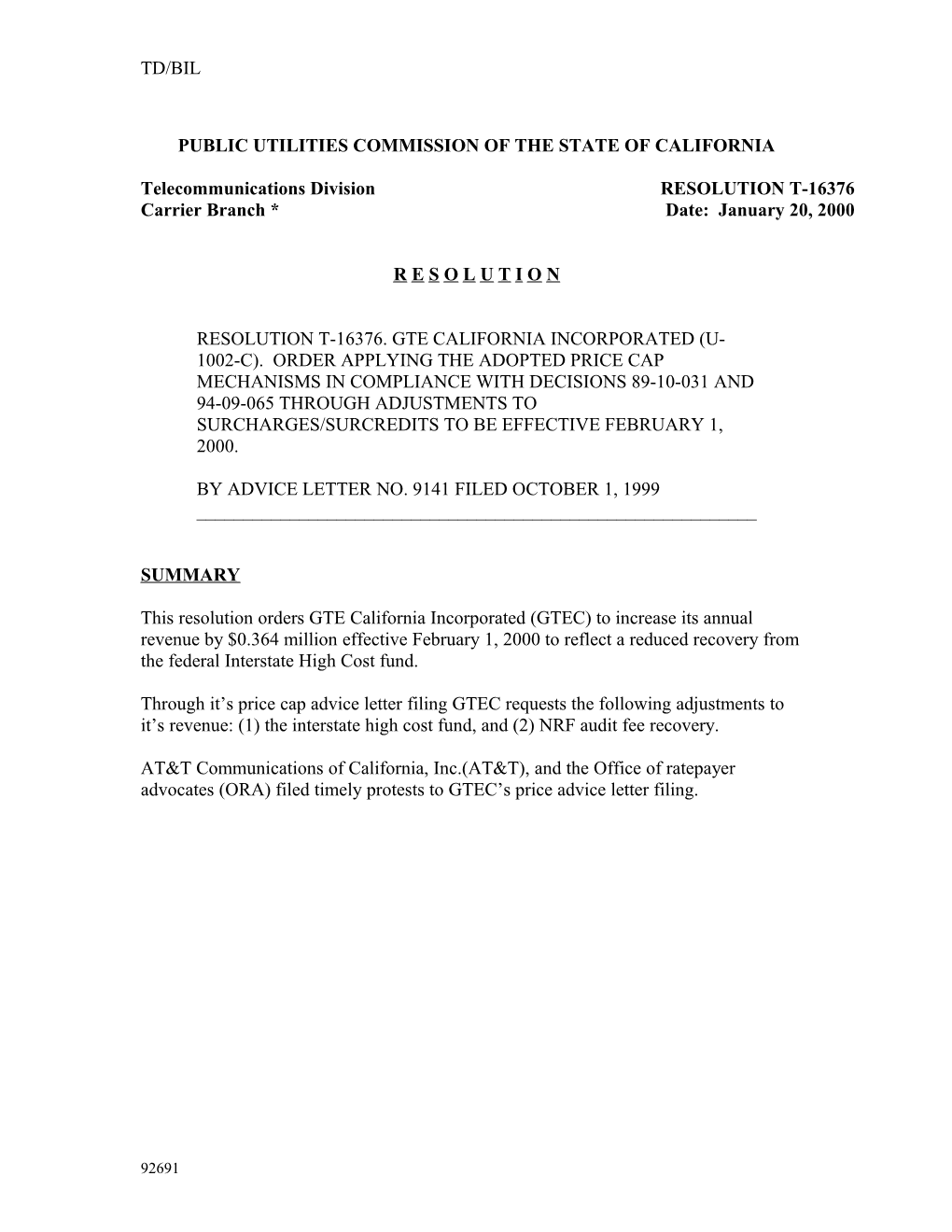 On October 1, 1999 Pacific Bell Filed AL No